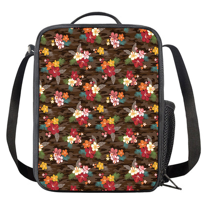 Brown Camo Hibiscus Flower Print Crossbody Lunch Bag