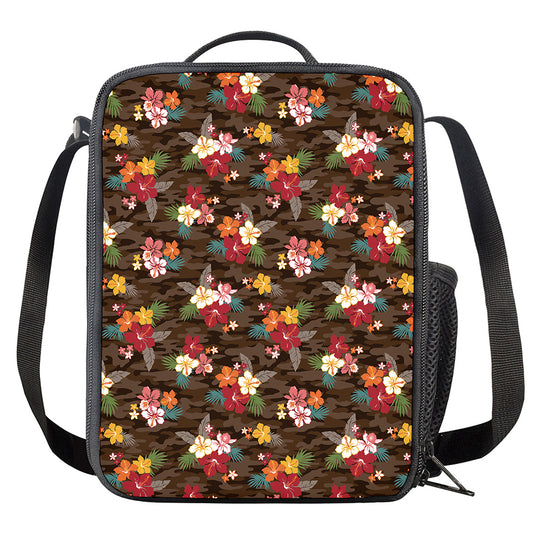 Brown Camo Hibiscus Flower Print Crossbody Lunch Bag