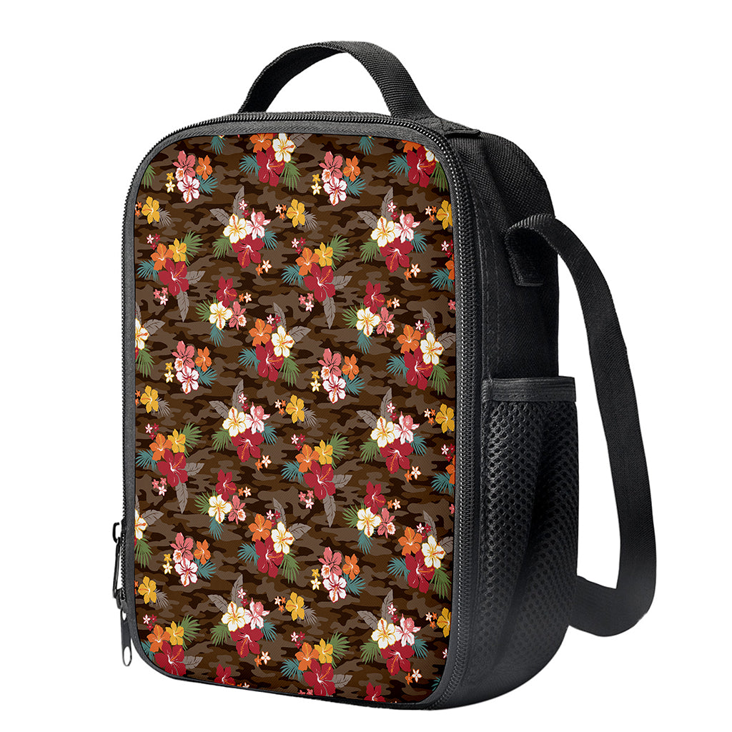 Brown Camo Hibiscus Flower Print Crossbody Lunch Bag