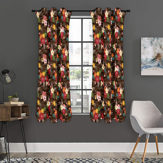 Brown Camo Hibiscus Flower Print Curtain