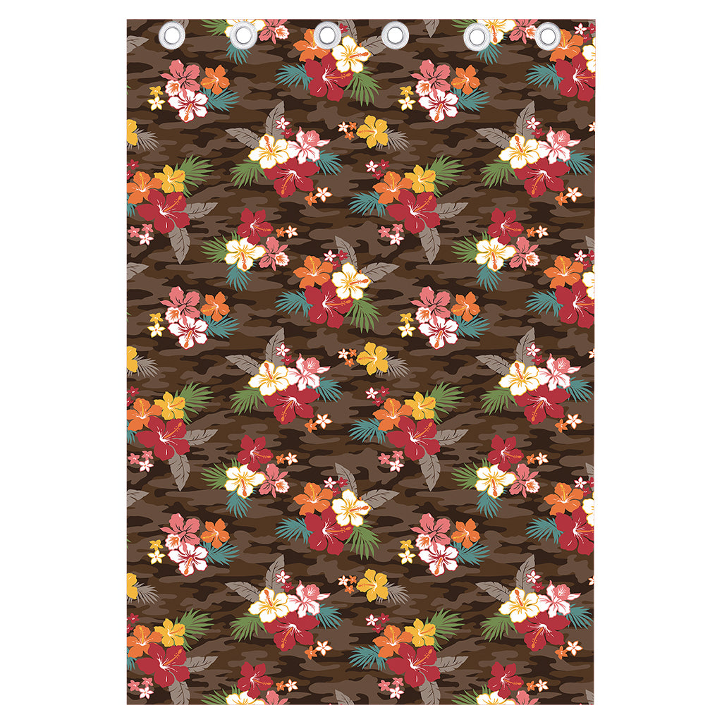 Brown Camo Hibiscus Flower Print Curtain