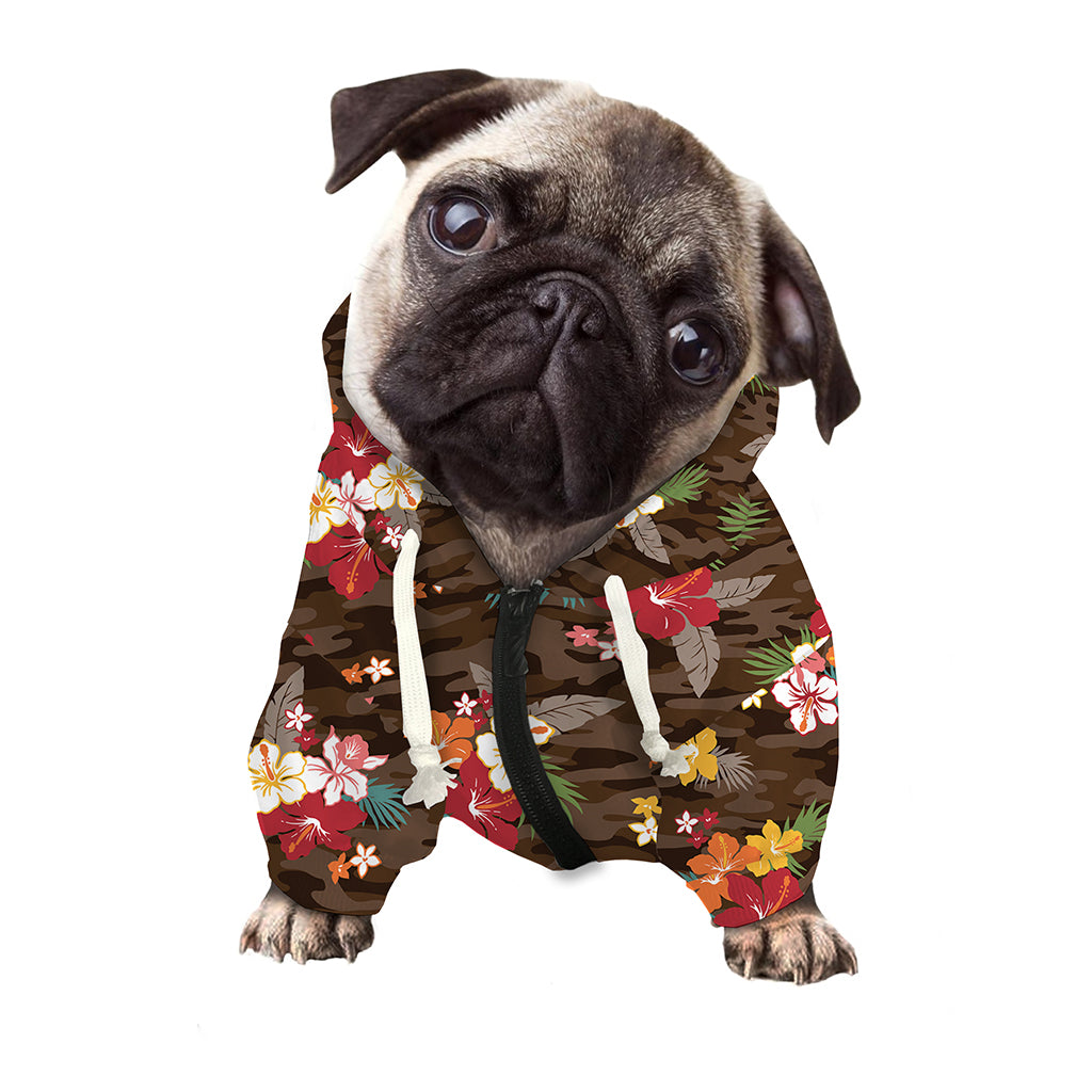 Brown Camo Hibiscus Flower Print Dog Zip Up Hoodie