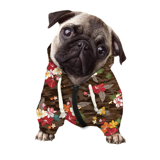Brown Camo Hibiscus Flower Print Dog Zip Up Hoodie