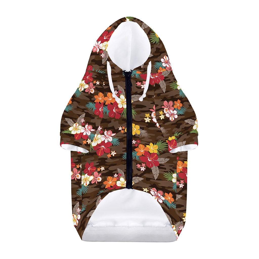 Brown Camo Hibiscus Flower Print Dog Zip Up Hoodie