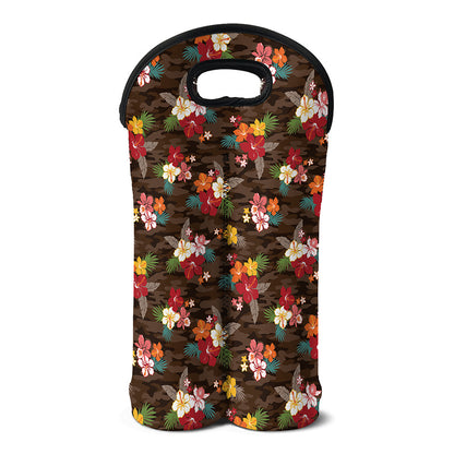 Brown Camo Hibiscus Flower Print Double Neoprene Wine Tote