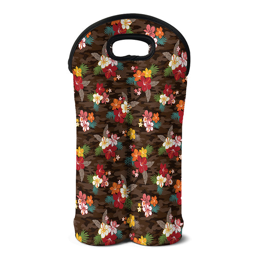 Brown Camo Hibiscus Flower Print Double Neoprene Wine Tote