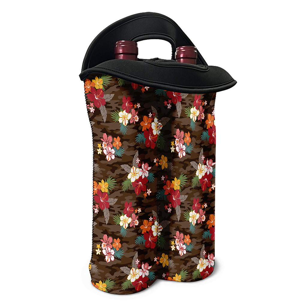 Brown Camo Hibiscus Flower Print Double Neoprene Wine Tote
