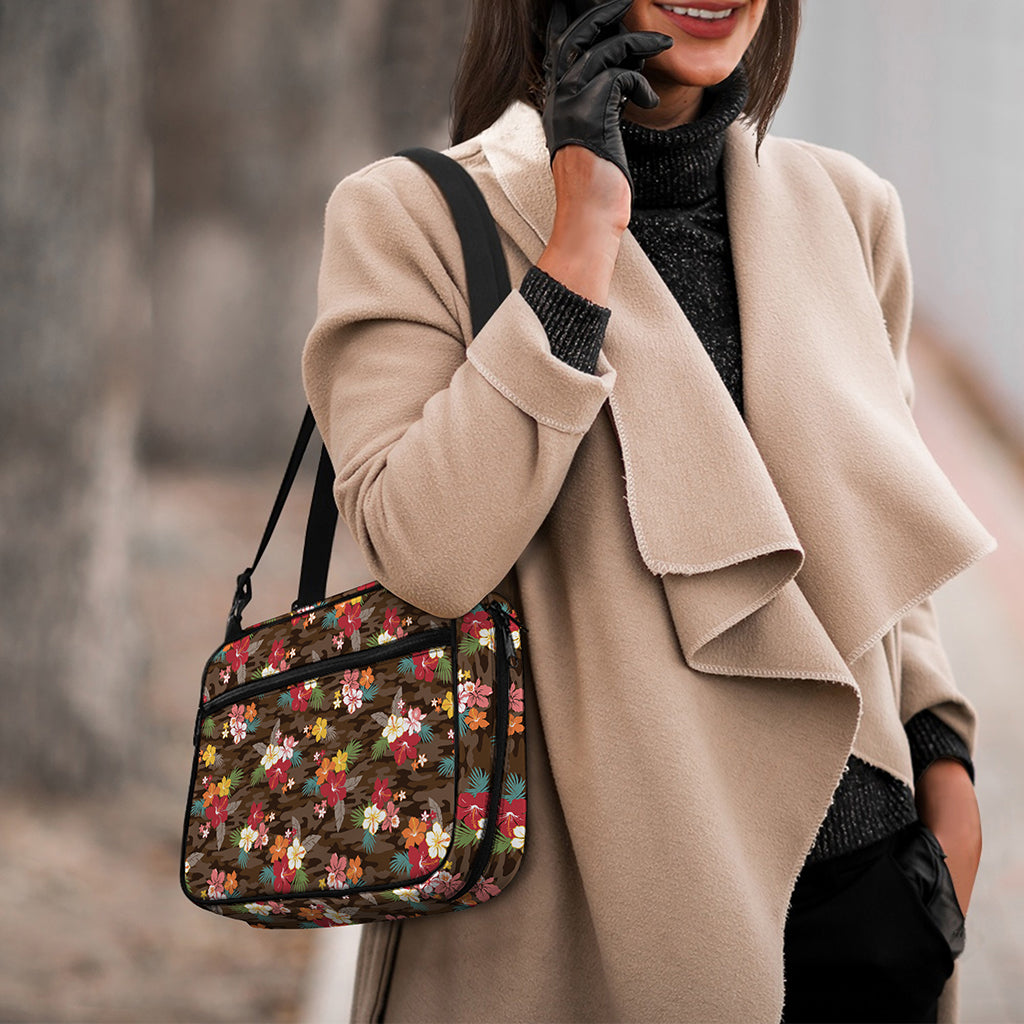 Brown Camo Hibiscus Flower Print Double Strap Bible Bag