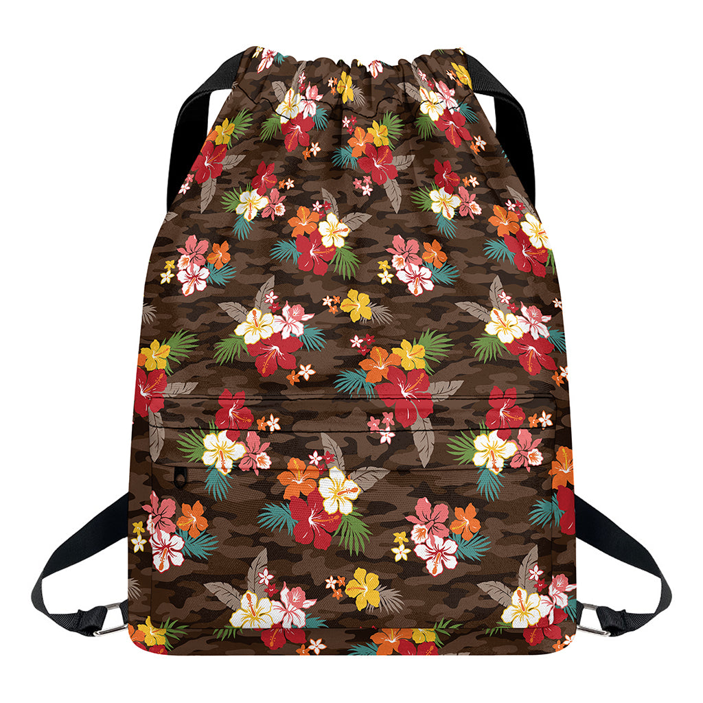 Brown Camo Hibiscus Flower Print Drawstring Backpack