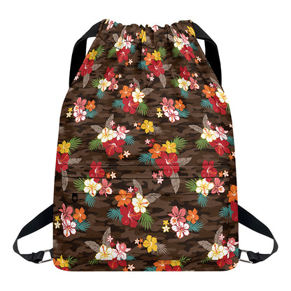 Brown Camo Hibiscus Flower Print Drawstring Backpack