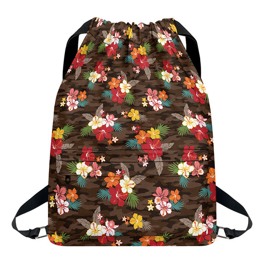 Brown Camo Hibiscus Flower Print Drawstring Backpack