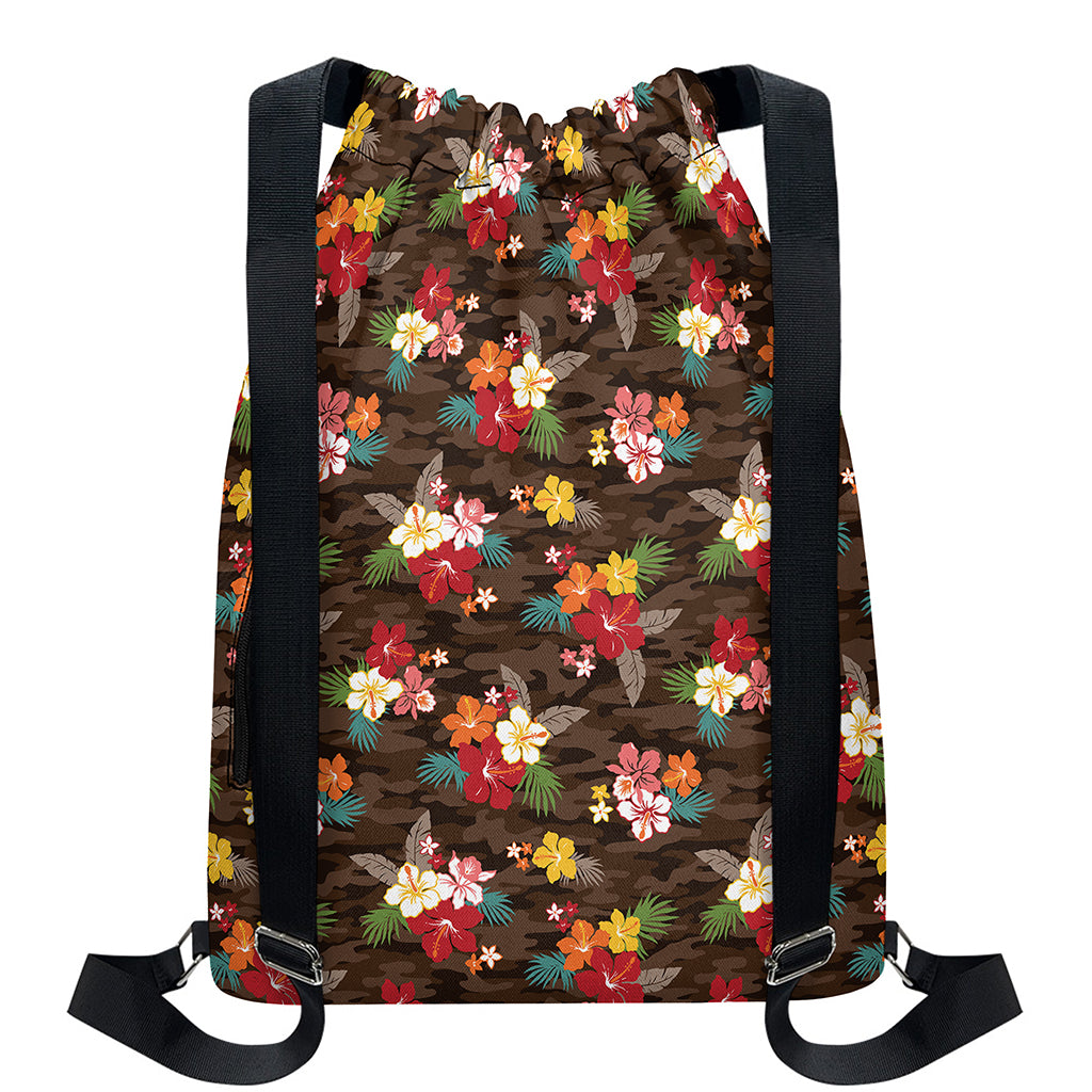 Brown Camo Hibiscus Flower Print Drawstring Backpack