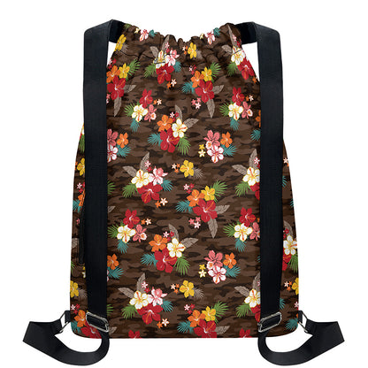 Brown Camo Hibiscus Flower Print Drawstring Backpack
