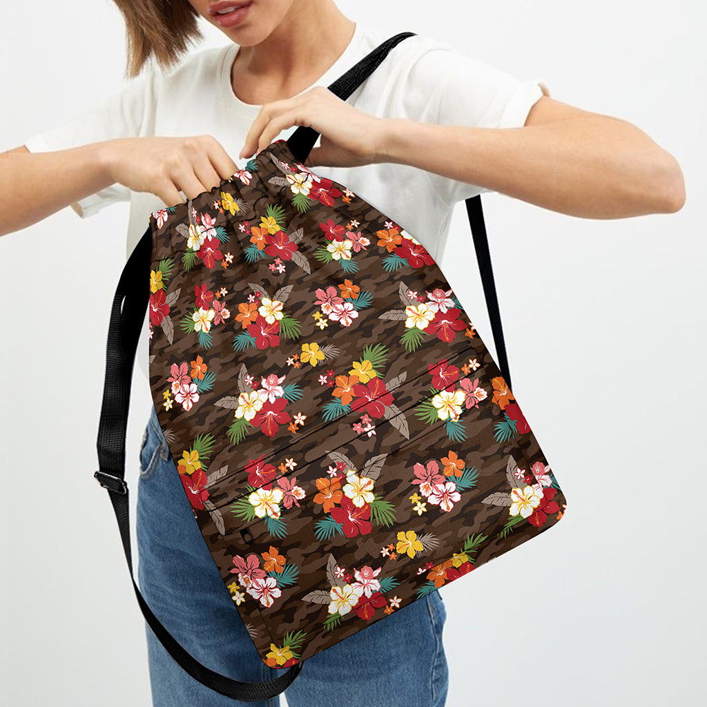 Brown Camo Hibiscus Flower Print Drawstring Backpack
