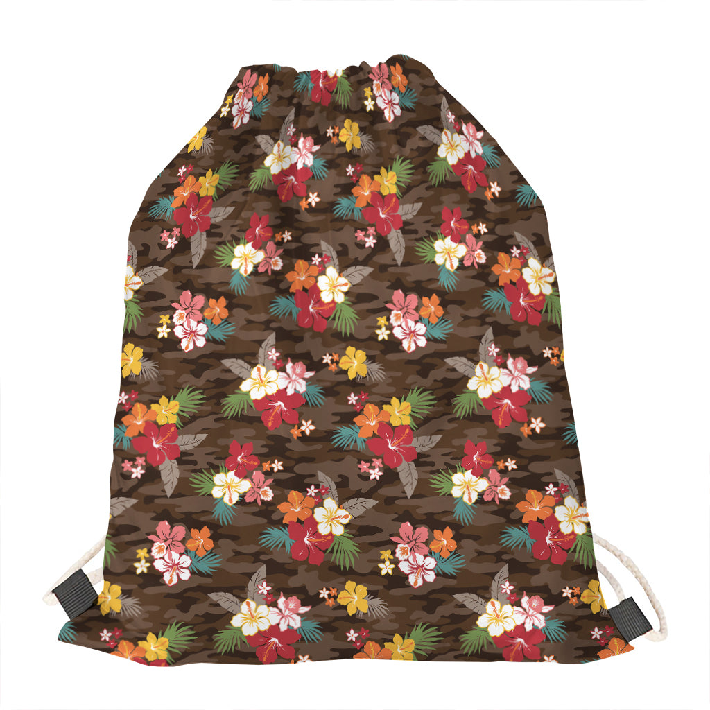 Brown Camo Hibiscus Flower Print Drawstring Bag