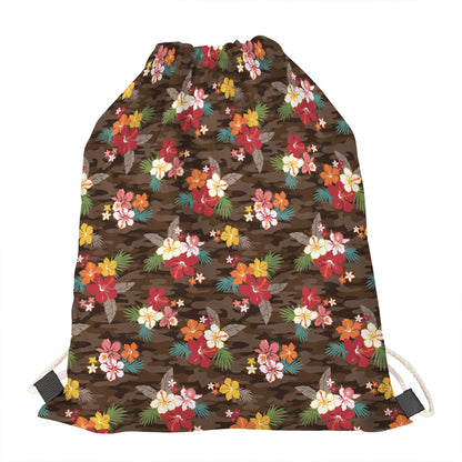 Brown Camo Hibiscus Flower Print Drawstring Bag