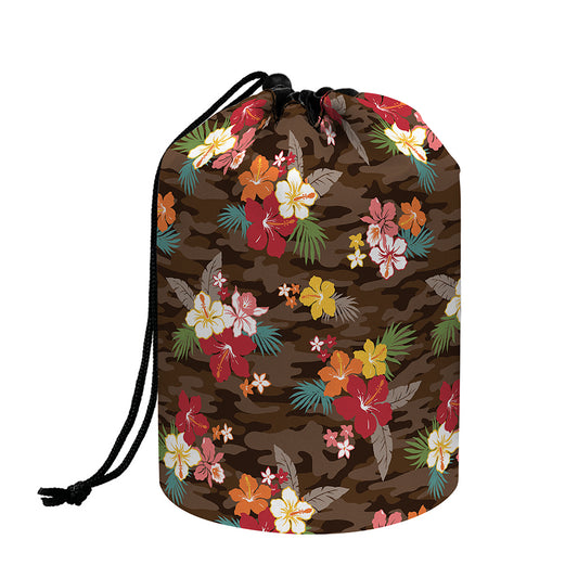 Brown Camo Hibiscus Flower Print Drawstring Makeup Bag
