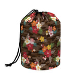 Brown Camo Hibiscus Flower Print Drawstring Makeup Bag
