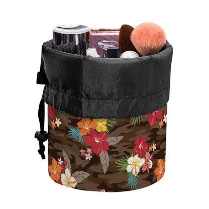 Brown Camo Hibiscus Flower Print Drawstring Makeup Bag