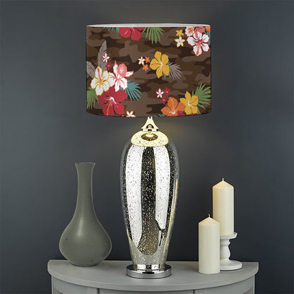 Brown Camo Hibiscus Flower Print Drum Lamp Shade