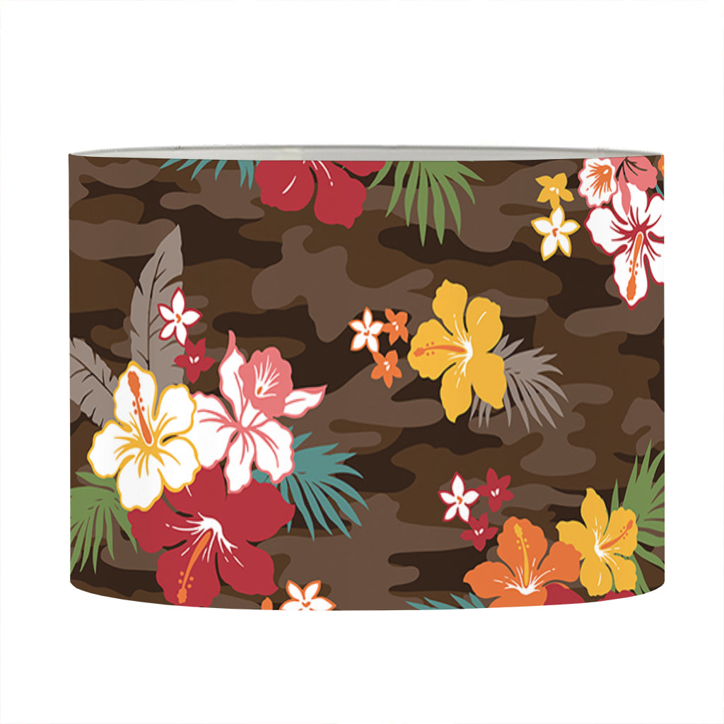 Brown Camo Hibiscus Flower Print Drum Lamp Shade