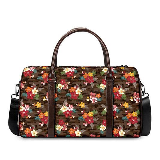Brown Camo Hibiscus Flower Print Duffle Bag