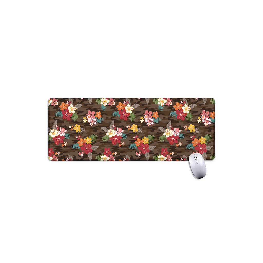 Brown Camo Hibiscus Flower Print Extended Mouse Pad
