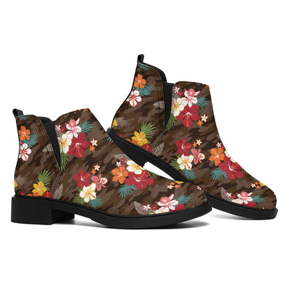 Brown Camo Hibiscus Flower Print Flat Ankle Boots