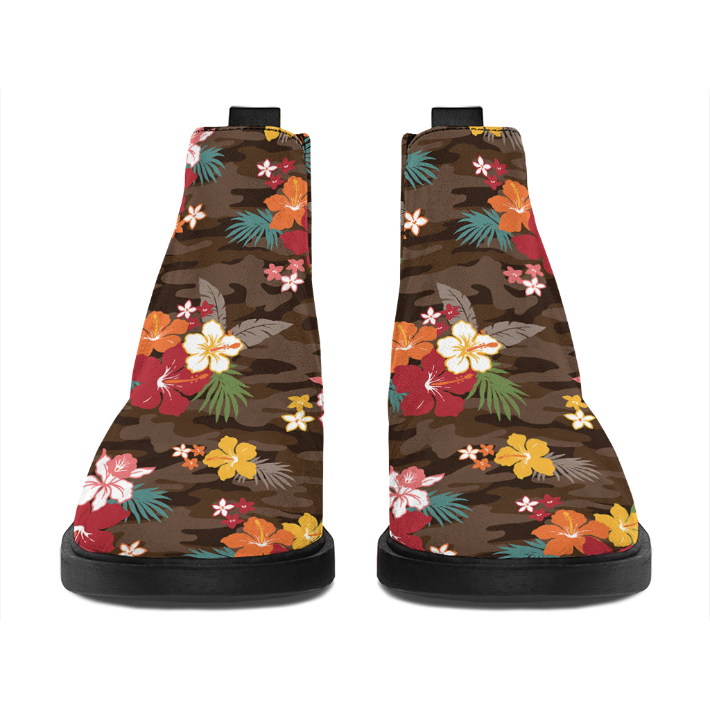 Brown Camo Hibiscus Flower Print Flat Ankle Boots