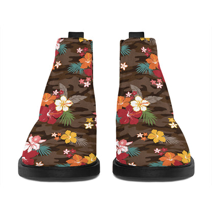 Brown Camo Hibiscus Flower Print Flat Ankle Boots