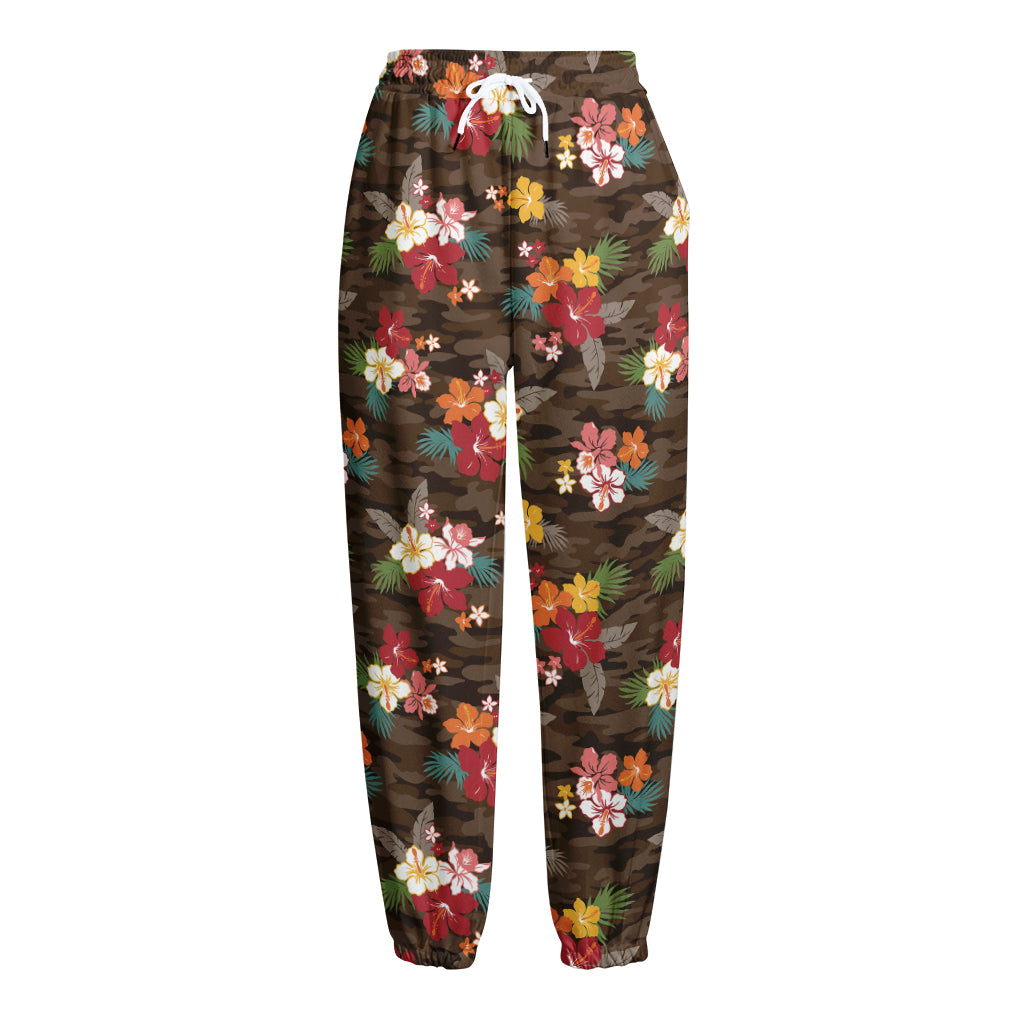 Brown Camo Hibiscus Flower Print Fleece Lined Knit Pants