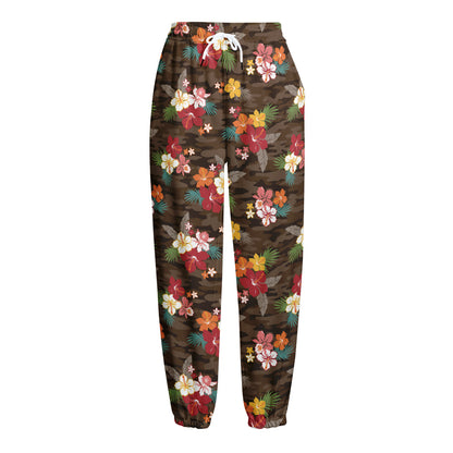 Brown Camo Hibiscus Flower Print Fleece Lined Knit Pants