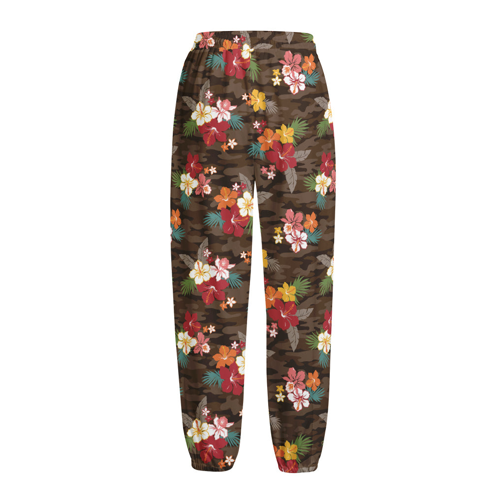 Brown Camo Hibiscus Flower Print Fleece Lined Knit Pants