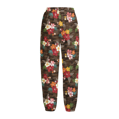 Brown Camo Hibiscus Flower Print Fleece Lined Knit Pants