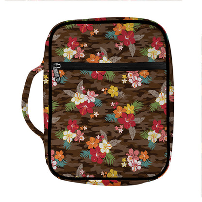 Brown Camo Hibiscus Flower Print Front Pocket Bible Bag