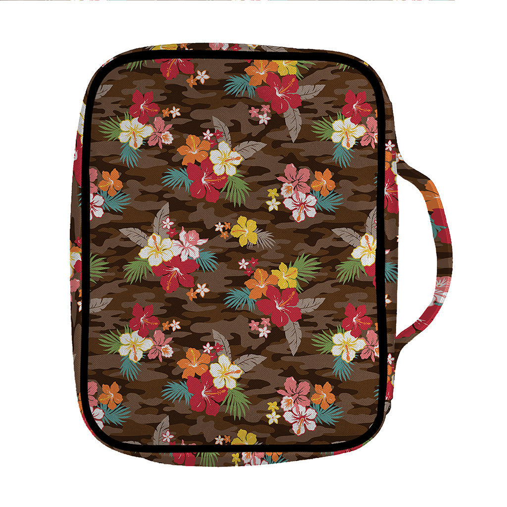 Brown Camo Hibiscus Flower Print Front Pocket Bible Bag