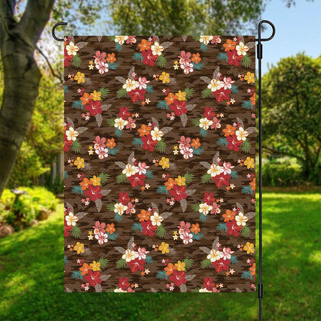 Brown Camo Hibiscus Flower Print Garden Flag