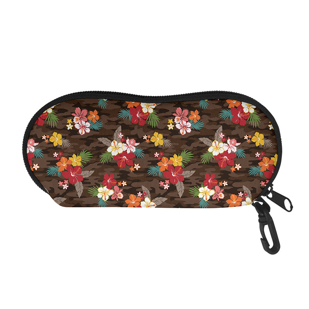 Brown Camo Hibiscus Flower Print Glasses Case