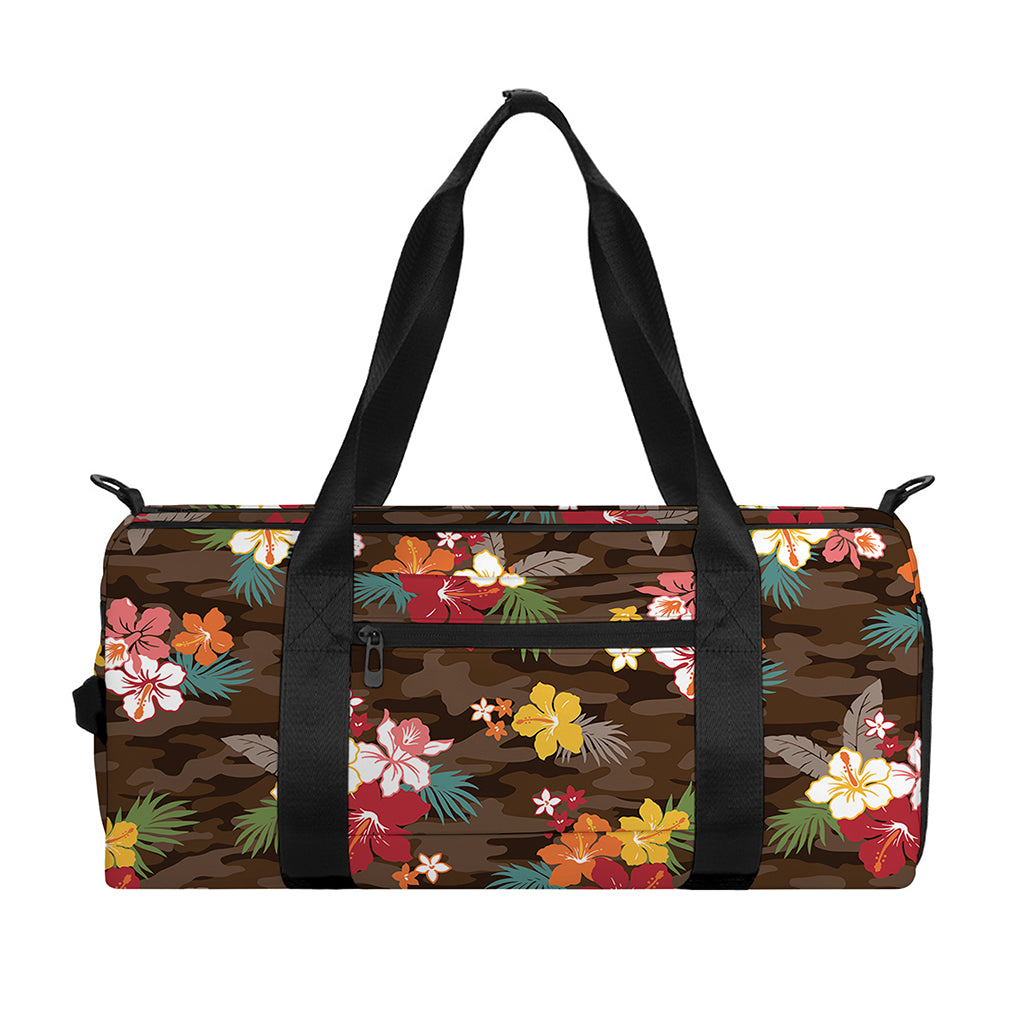 Brown Camo Hibiscus Flower Print Gym Bag