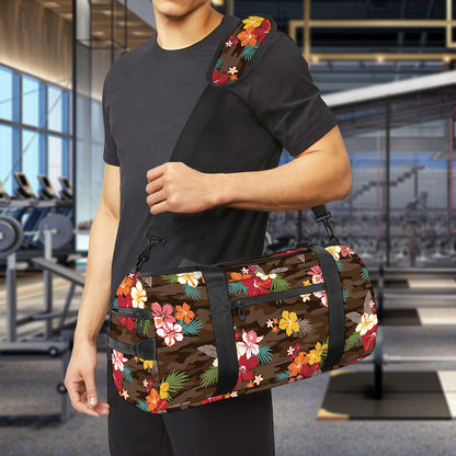 Brown Camo Hibiscus Flower Print Gym Bag