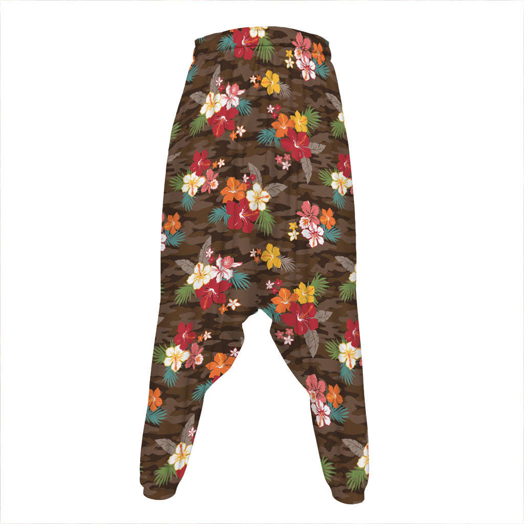 Brown Camo Hibiscus Flower Print Hammer Pants
