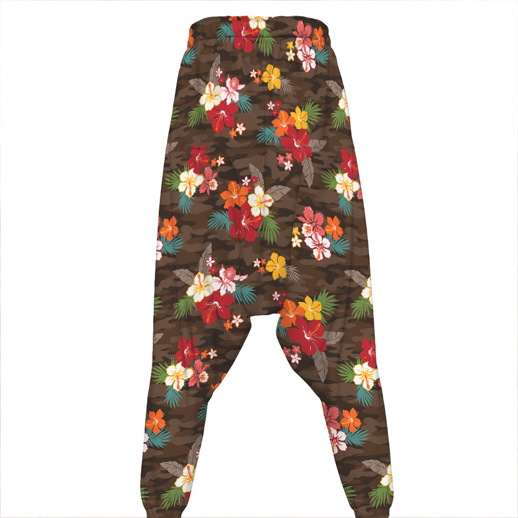 Brown Camo Hibiscus Flower Print Hammer Pants