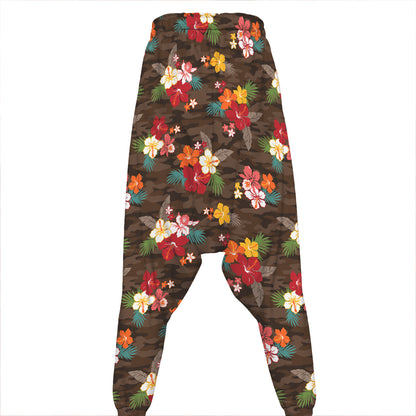 Brown Camo Hibiscus Flower Print Hammer Pants
