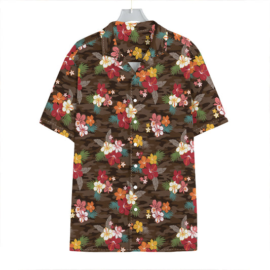 Brown Camo Hibiscus Flower Print Hawaiian Shirt