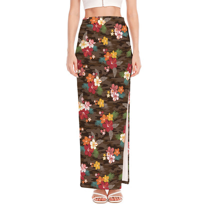 Brown Camo Hibiscus Flower Print High Slit Maxi Skirt