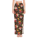 Brown Camo Hibiscus Flower Print High Slit Maxi Skirt