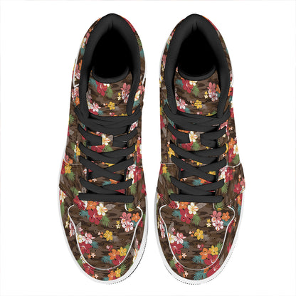 Brown Camo Hibiscus Flower Print High Top Leather Sneakers