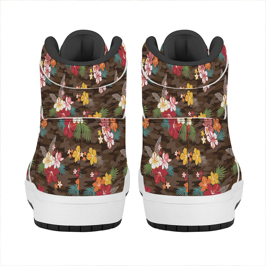 Brown Camo Hibiscus Flower Print High Top Leather Sneakers