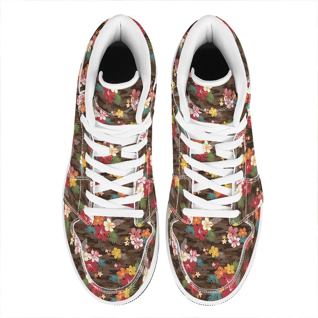 Brown Camo Hibiscus Flower Print High Top Leather Sneakers
