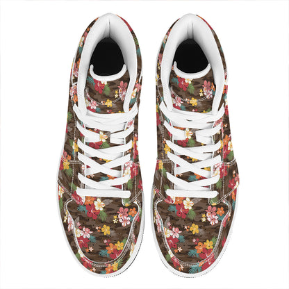 Brown Camo Hibiscus Flower Print High Top Leather Sneakers